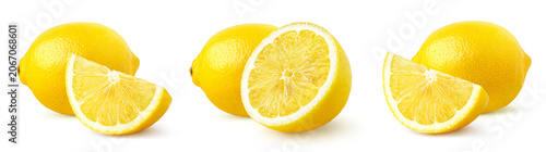 Set of whole and half fresh ripe lemon fruit isolated on white background