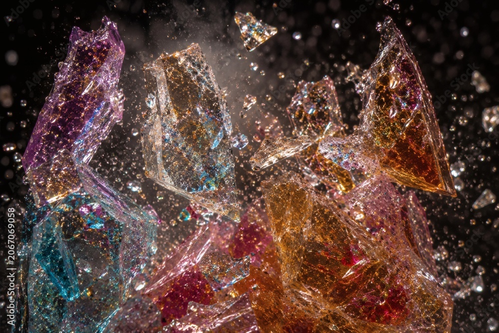 Naklejka premium Colorful ice shards shattering on impact with water droplets