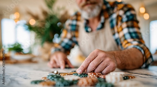 An elderly man carefully arranges decorative tiles on a marble table, reflecting skillful craftsmanship and an appreciation for detail in handcrafted artistry.
