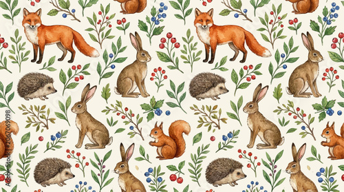Seamless woodland animal pattern featuring hand drawn watercolor forest fox, hopping hare, and prickly hedgehog on a clean background with artistic natural botanical greenery elements.