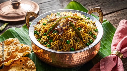Hyderabadi vegetable biryani in traditional copper handi.