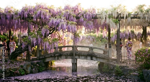 Wisteria flowers blooming over stone bridge in tranquil garden setting  