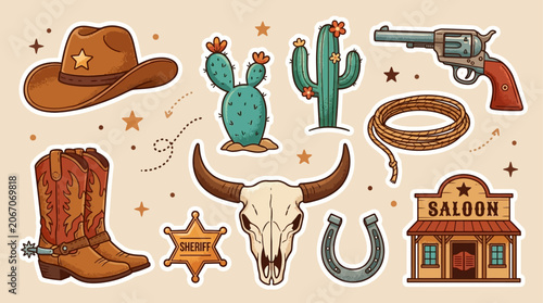 Retro Nineties Style Wild West Cowboy Sticker Collection Featuring Vintage Cartoon Outlaw Characters, Sheriff Star, Desert Cactus, and Classic Frontier Symbols in Vibrant Pop Art Graphic Design.