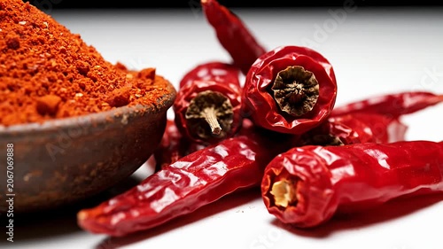 Red chili powder and dried red chilies.