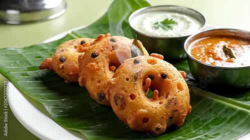 Savoury medu vada served on green banana leaf.