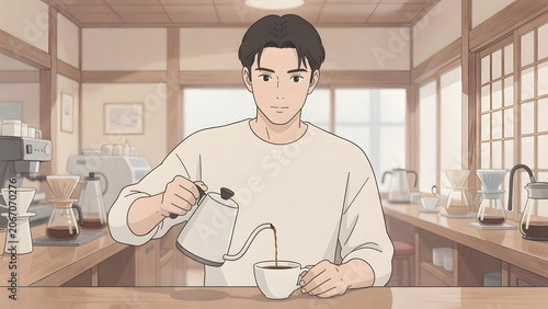 Anime style young Japanese man pouring pour-over coffee in retro kissaten