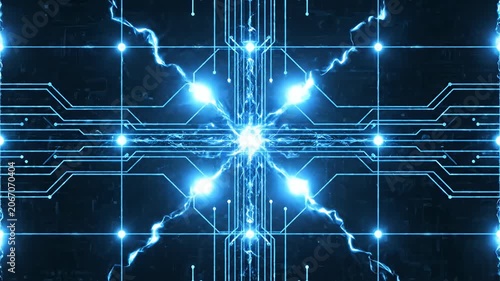 Symmetrical blue electronic circuit board with glowing lights.