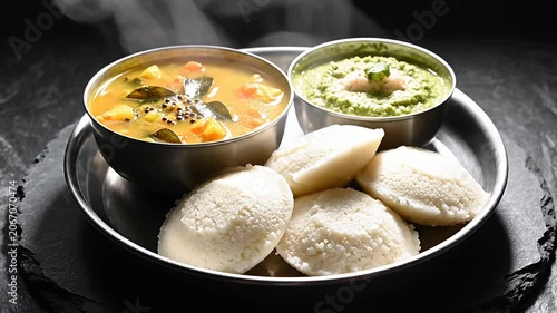 South Indian idli with sambar and coconut chutney.