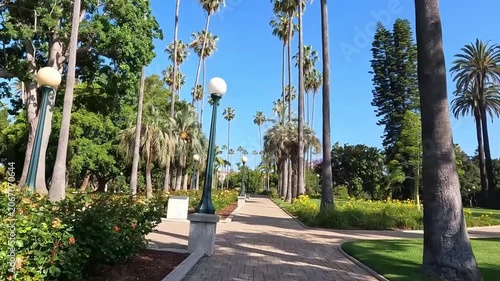 Palm tree lined park in Beverly Hills, California, USA