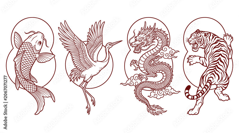 Fototapeta premium Set of asian mythical creatures and animals art.