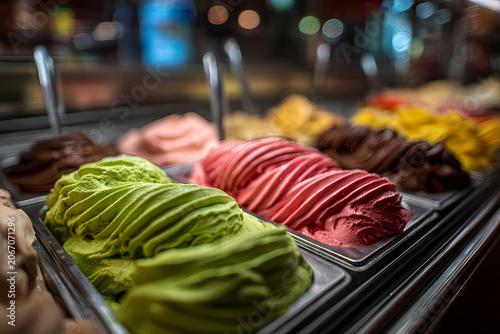 Variety of colorful gelato flavors in a professional display case