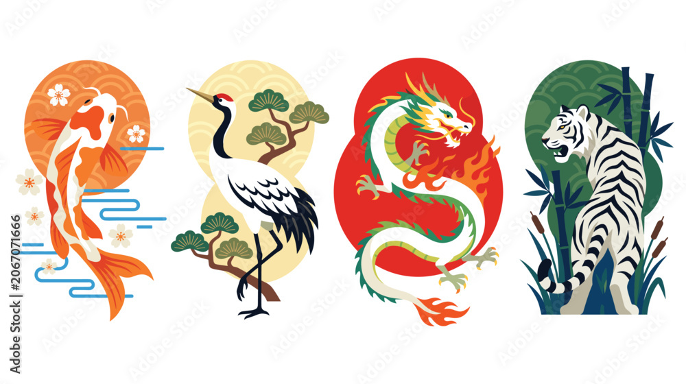 Fototapeta premium Japanese style animal illustrations with classic icons.