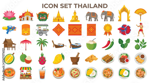 Bild auf Leinwand Thailand culture and travel icons set flat collection.