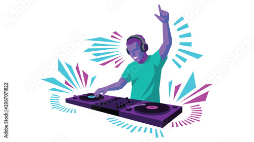 Foto Energetic music dj performing with turntable and vinyl.