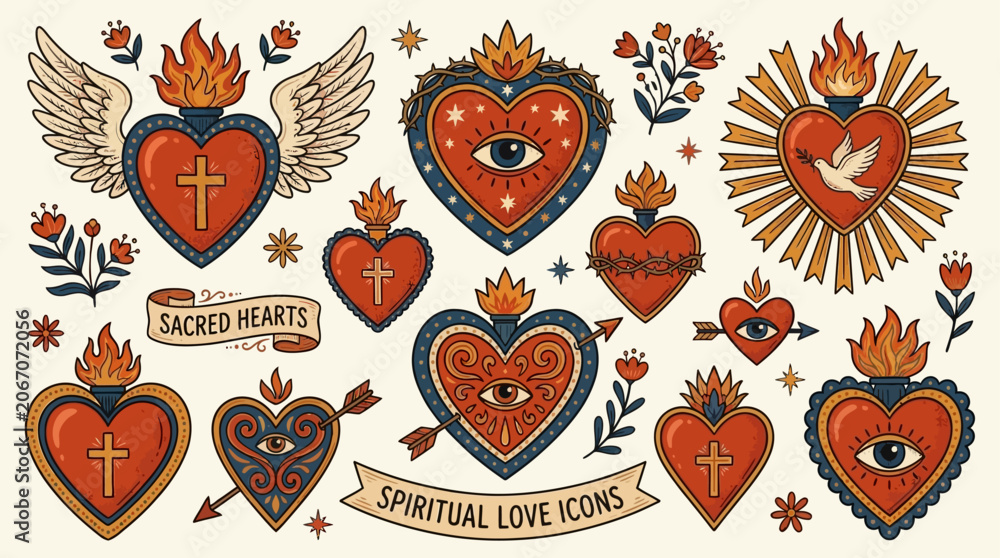 Obraz premium Vintage Retro Cartoon Sacred Heart Collection with Mystical Eyes Wings Flames and Crosses. Spiritual Folk Art Religious Symbolism Icons for Tattoo or Mystic Design Illustration.