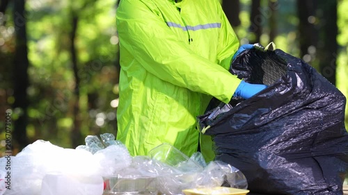 Garbage trash cleanup on nature. Plastic trash collection makes a difference. Rubbish trash cleanup concept. Volunteers and trash waste recycling reduces pollution.