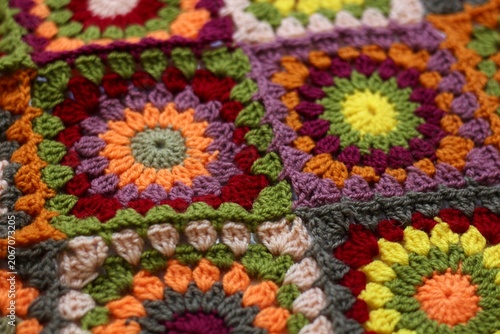 Konstfotografi Granny square crocheted blanket with different colors motives, retro vintage cra