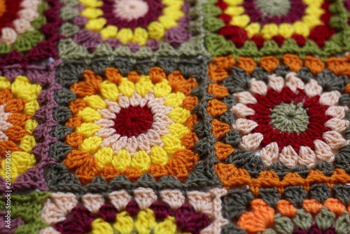 Konstfotografi Granny square crocheted blanket with different colors motives, retro vintage cra