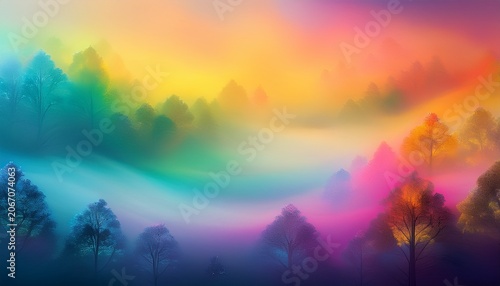 Soft Rainbow Mist Background With Trees Generative Ai