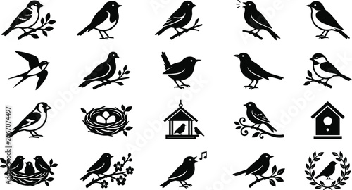 Tableau sur toile Songbird silhouette icon set featuring black vector graphics of garden birds per