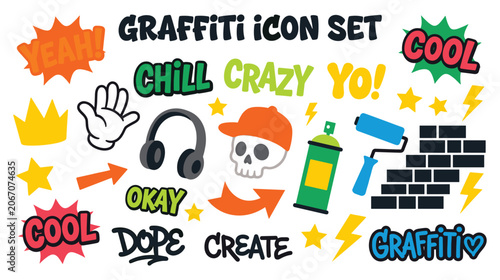 Tableau sur toile Colorful doodle graffiti art icons urban style design elements.