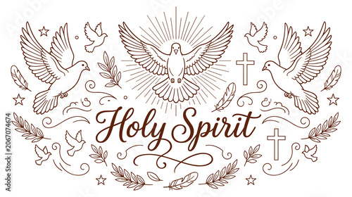 Obraz na plátně Holy Spirit dove symbol with crosses and feathers.