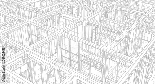 Isometric technical line drawing of futuristic modular architectural structure