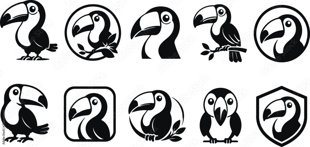 Obraz premium Collection of 10 black and white minimalist toucan logo icons in various poses and styles. Features cartoon and geometric