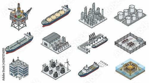 Schilderij op canvas Isometric Industrial Buildings and Ships Collection.
