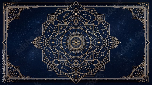 Mystical Celestial Zodiac Mandala with Gold Geometric Astrology Symbols and All-Seeing Eye on Dark Blue Starry Background
