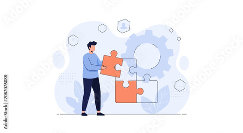 Man assembling jigsaw puzzle pieces with gears and abstract shapes in a modern flat illustration style, symbolizing teamwork, solutions, and strategy.