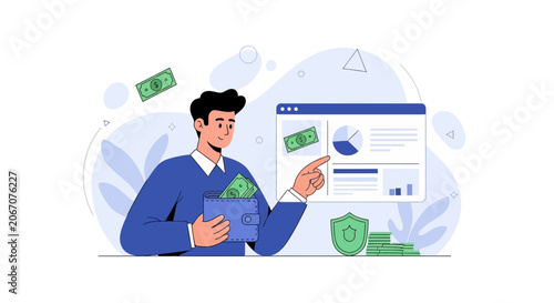 Man Managing Finances with Digital Wallet, Charts and Security Shield - Financial Growth Concept