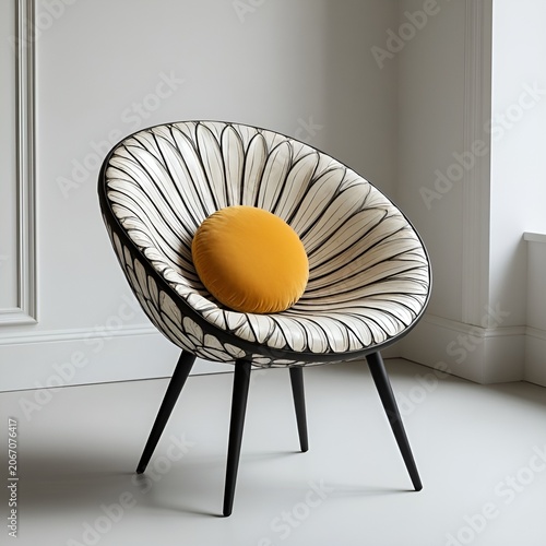 Modern chair with patterned upholstery and yellow cushion in interior  
