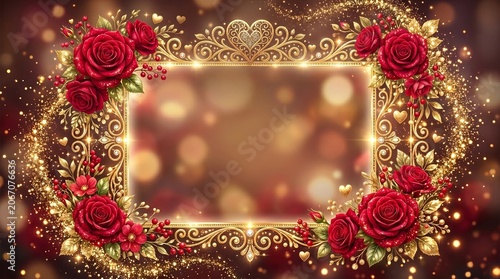 Elegant Gold Ornate Frame with Red Roses and Sparkling Glitter Bokeh Background for Romantic Invitations