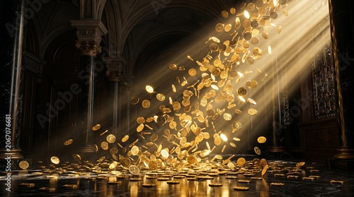 Golden Coins Falling from Divine Light Rays in Grand Interior, Concept of Wealth, Abundance and Financial Prosperity