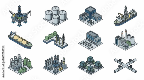 Isometric Industrial Buildings and Vehicles Collection.