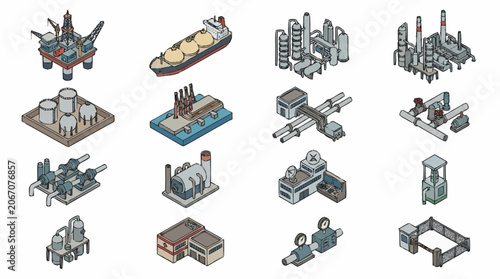 Isometric Industrial Buildings and Machinery Collection.