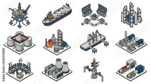 Isometric Industrial Factory and Machinery Illustrations Set.