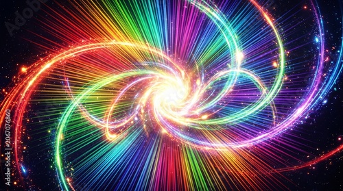 Abstract Rainbow Spiral Light Trails with Glowing Energy Vortex and Sparkles Isolated on Black Background