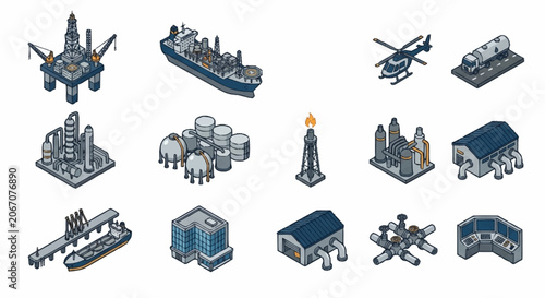Isometric Industrial and Transportation Vehicles and Buildings.