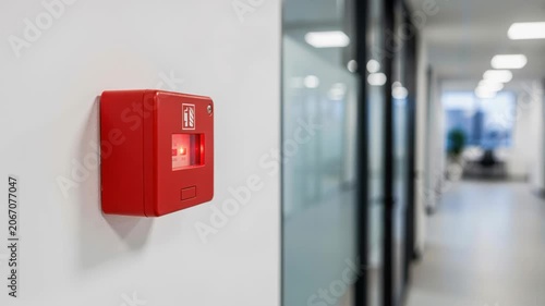 Emergency Alarm: A bright red fire alarm box mounted on a clean white wall inside a modern office hallway, ready to signal an emergency.