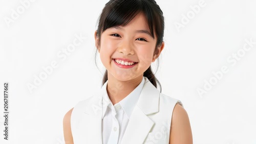Portrait of a Joyful Young Girl: A radiant young girl with a bright smile and dark hair tied back, dressed in a white collared shirt and vest.