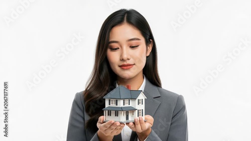 Dream Home Real Estate: A professional businesswoman holds a miniature model of a house, symbolizing dreams of homeownership and real estate investment.