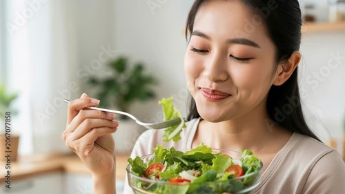 Delightful Bite: A young Asian woman savors a fresh, vibrant salad with a fork, her eyes closed in pure enjoyment, embodying a healthy lifestyle and the simple pleasure of nutritious food.