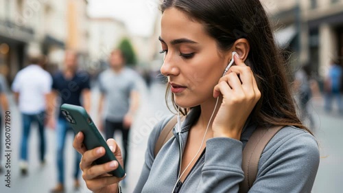 Young Woman Using Smartphone on a Bustling Street