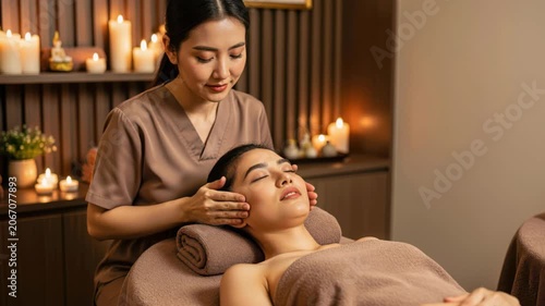 Facial Massage Bliss: A woman enjoys a tranquil facial massage, her eyes closed in relaxation as a therapist gently applies soothing techniques.