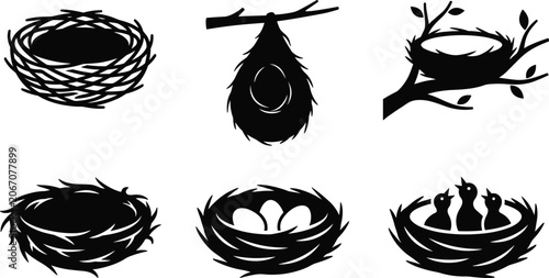 Schilderij op canvas Bird Nest Vector Icon Set Featuring Black Silhouette Shapes of Empty Nests Hangi