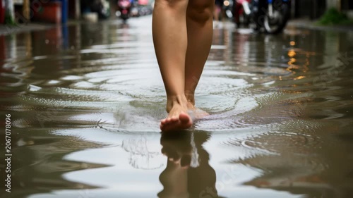 Walking Through Flooded Streets: A close-up shot of bare feet walking through shallow floodwater on a city street.