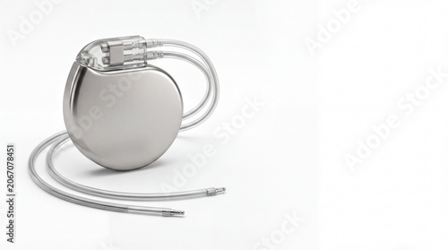 medical device innovation, a titanium pacemaker with leads, prominently featured against a white space