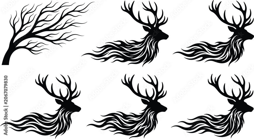 Fototapeta premium Set of black silhouettes of majestic deer heads with flowing fire style manes and tree branch